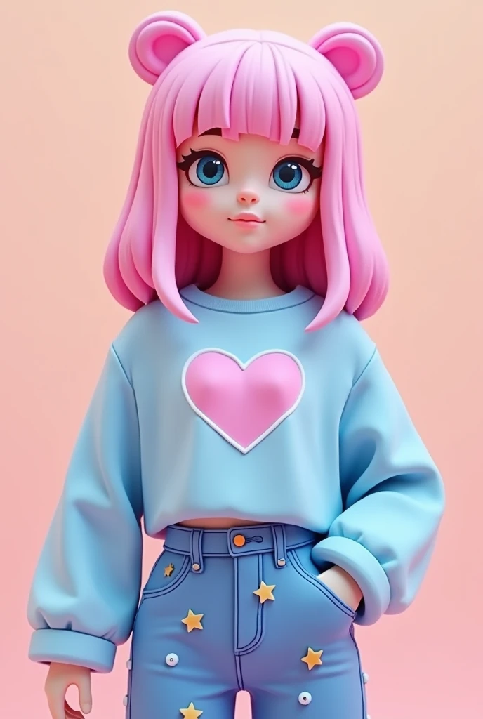 Roblox Girl with Pink Blunt Bangs Hair and Kawaii Blue Bear Blue 
Top ♡ and Cute Star Blue Jeans Pants Y2k Trendy Girls Soft Kawaii
