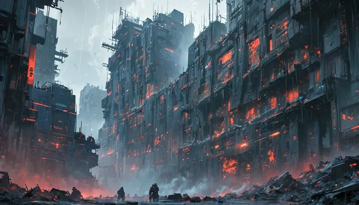 (best quality, masterpiece;1.2), detailed back ground, dark background, vibrant highlights, gritty, dark, dystopian, blue tones, hazy blue, neon, robotic, futuristic, dark future, apocalyptic, grimdark, raining, war torn, grim, fog, smoke