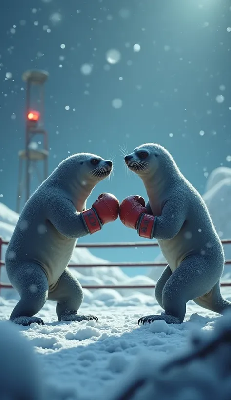 ((8k、distinct、masterpiece、Best Quality))、 3d、Professional Lighting、Portrait Shot、Three-dimensional illustration style、Side view、The background is the North Pole and a wrestling ring、Horror、Creepy、Two seals with arms and boxing gloves on their hands are fig...