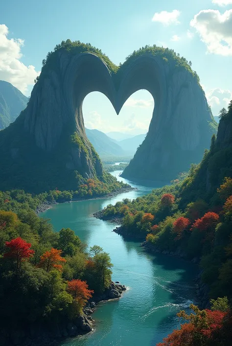 Generate me a mountain in the shape of a heart and have a river in the middle
