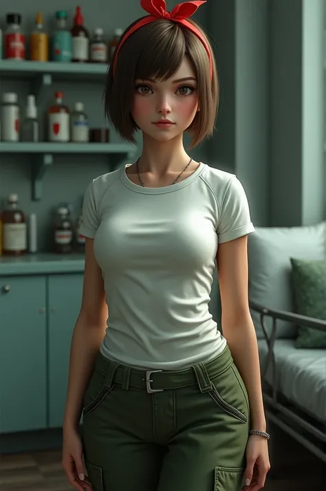 Make Rebecca Chambers from Resident Evil with brown bowl cut hair, a red ribbon tied around her head, white short sleeve fitted t-shirt, a green baggy pant, military boots and huge breasts, in a room with a shelf with medicines and a photo-realistic hospit...