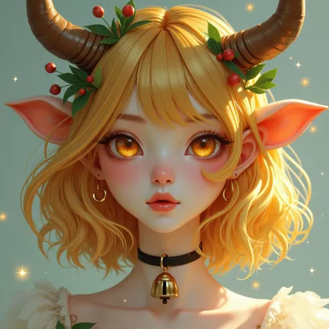 One girl, High resolution, Animal ears, Close your mouth, Golden Eyes, Beast Horns, Bell, Bangs, Highlight color hairstyle, Natural curls, Bob Hair, Animal ears, Cow ear, Gradient color eyes, The pupils are constricted, Simple Background, Beast Horns, 首にカウ...