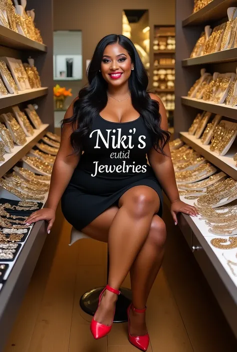 A chubby caramel skinned girl with long hair wearing a black short gown and red heels  with a text written on it that says Niki’s Edits And Jewelries 
She’s also sitting in her store, she’s holding a jewelry and there are lots of jewelries on the table too...