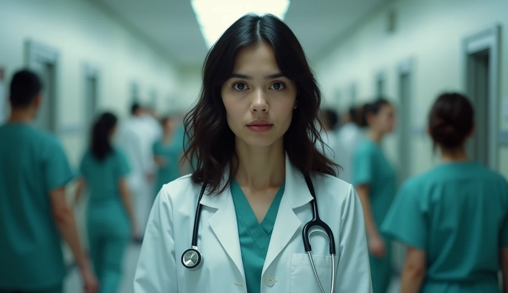 A young female doctor in her late 20s, with wavy dark hair and anxious brown eyes, stands in a busy hospital hallway, looking lost and overwhelmed. The scene is a blur of movement around her, with nurses and patients rushing by, creating a sense of chaos. ...