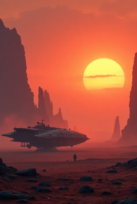 A vast, desolate landscape bathed in the ethereal glow of a double sunset.  A lone, weathered spaceship sits on the horizon, its silhouette stark against the vibrant sky.  In the distance, towering rock formations cast long shadows, hinting at ancient secr...