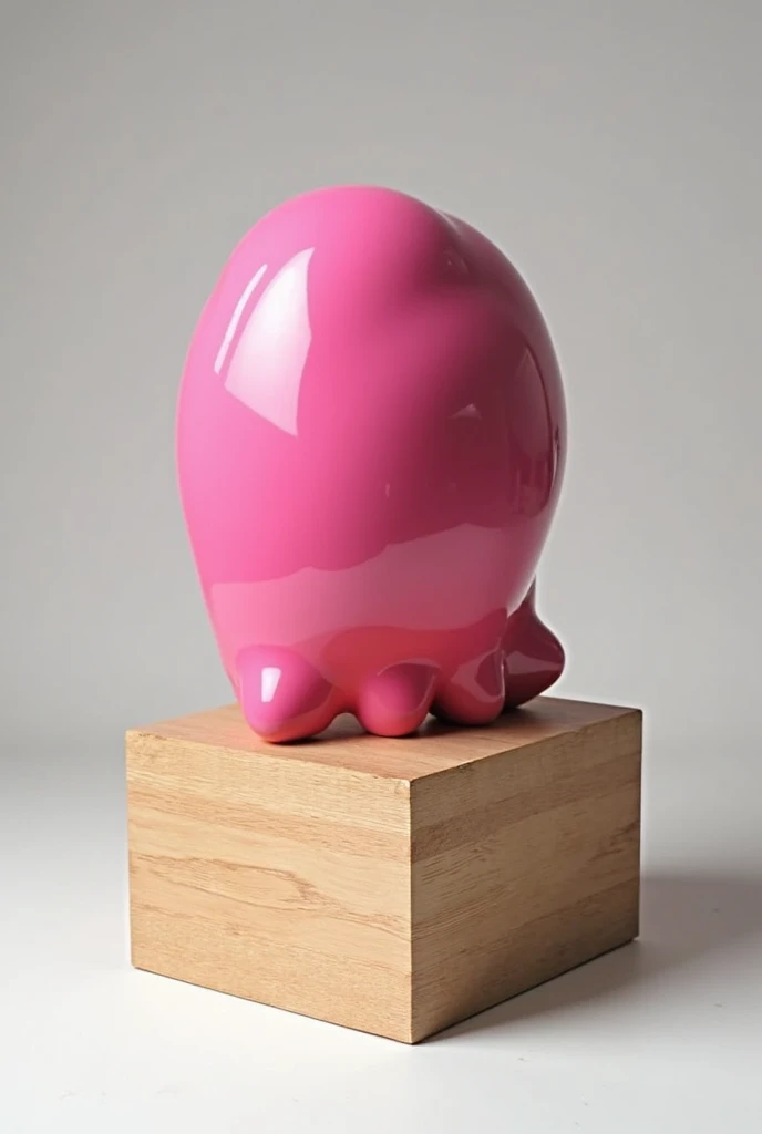 I&#39;m imagining a simple piece of wood, light brown wood, with a smooth texture, and on top of it a pink head. The head appears to have a rounded shape, smooth and shiny, contrasting with the rusticity of the piece of wood. As if it were a sculpture or d...