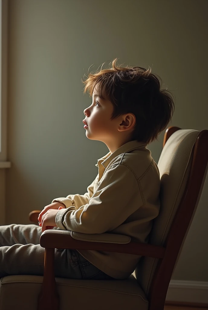 A boy sitting on a chair and looking back to 90 digree from his left side and seeing a girl