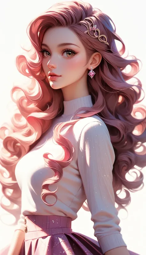 a beautiful woman, 3, long curly red hair, shimmering brown eyes, with , with a purple and pink blaser, skirt, and white background, intricate details, vivid colors