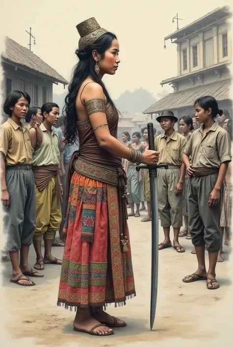 (historical drawing:16.9), young woman Laotian with traditional clothes and a sword, talking with people after the colonization