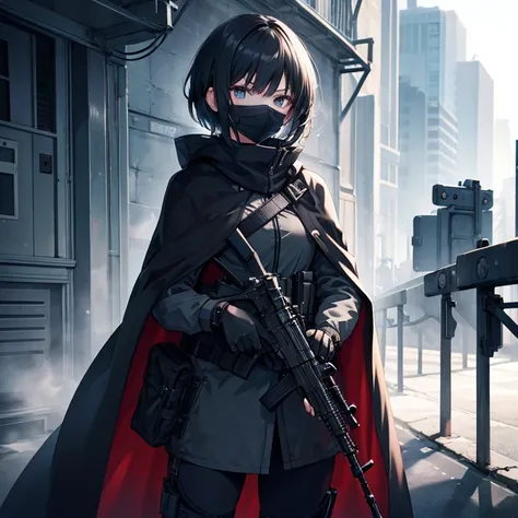 Girl with a machine gun in her hand , Tactical clothing , Long Cape , Short Hair , Serious face , Wear a mask .