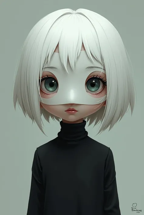 Female Cartoon Character, short white hair, a white mask 