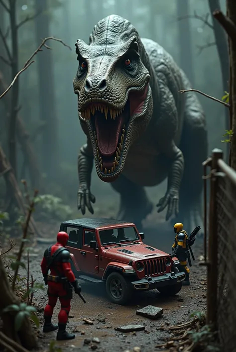 photography of miniature jurassic park, dark lighting, t-rex, jeep, Deadpool, Wolverine, destroyed fence, top down view