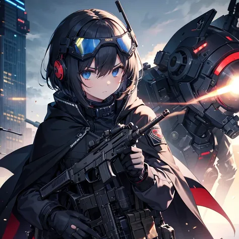 Girl with a machine gun in her hand , Tactical clothing , Long Cape , Short Hair , Serious face , Wear a mask .Head-mounted display, 