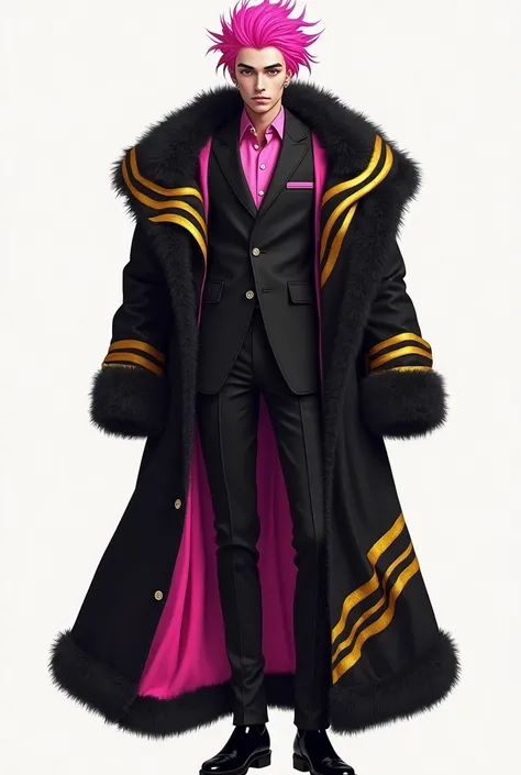 The new Chinese men&#39;s black and pink color scheme should have golden stripes on the clothes. The coat should have golden stripes and the hair should be pink on the inside. The suit should have a vest and tie. The coat should be loose and fluffy on the ...