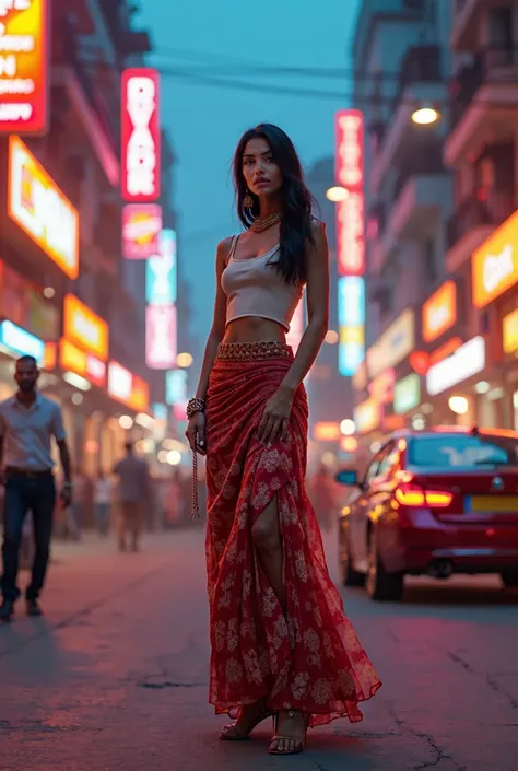 A  in a Indian women on a lit street, western fashion