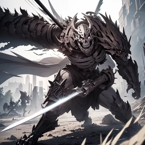 Giant skeleton with black eyes and white pupils and only one arm dragging itself along the ground with a large sword in its hand using a powerful attack 