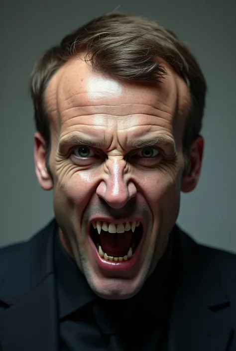 Emmanuel Macron, ultra-realistic photo, with vampire teeth and evil eyes