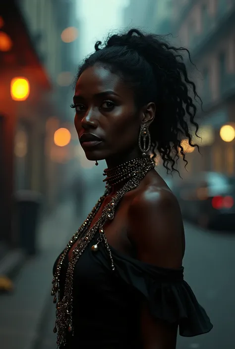 A  in a black Indian women on a lit street.