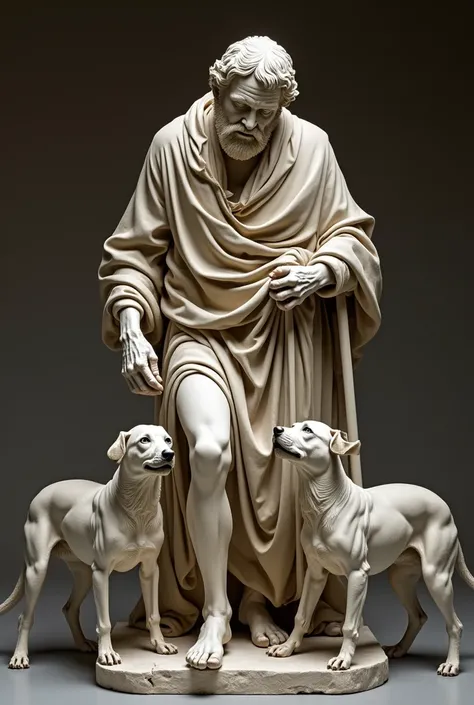 Marble sculpture, Renaissance style, in a museum of the sick Saint Lazarus, with crutches resting on his armpits and two dogs licking the wounds on the legs of Saint Lazarus 