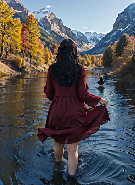 Woman alone in red dress in the mountains with a black crow On a river flowing in sunny water 