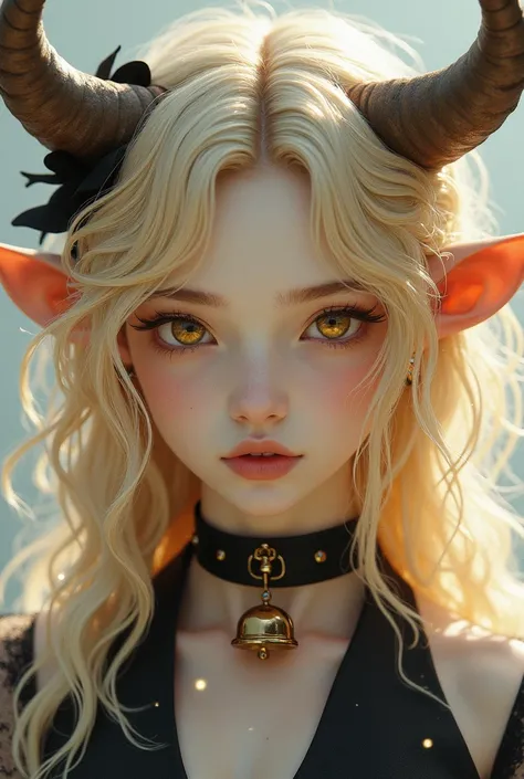 One girl, High resolution, Animal ears, Close your mouth, Golden Eyes, Beast Horns, Bell, Highlight color hairstyle, Natural curls, Animal ears, Cow ear, Gradient color eyes, The pupils are constricted, Simple Background, Beast Horns, 首にカウBell,bullfighting...