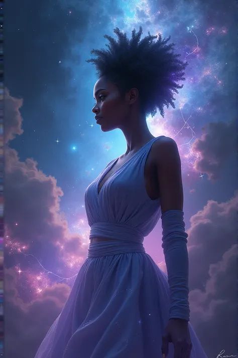 Create an image of a black woman in the middle of a galaxy 