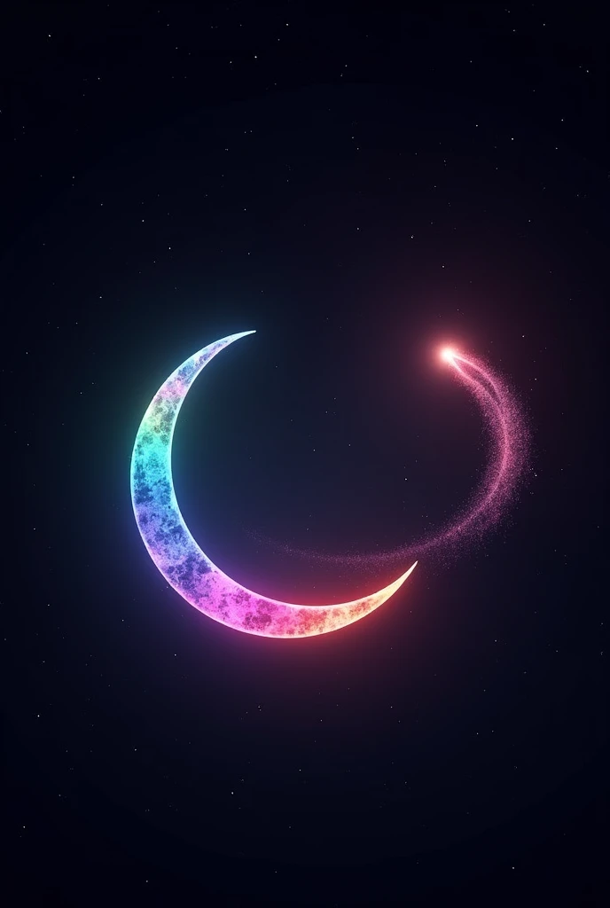 Multicolored crescent moon with a comet around it