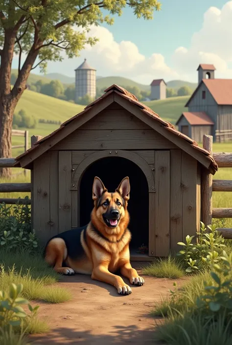 A German dog in a dog house behind a farm 