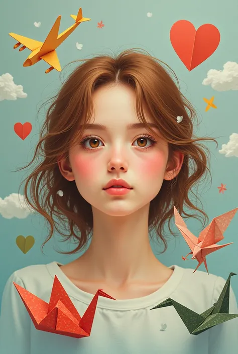 I need a cover for my book. in drawing. A young brown-haired woman centered in the middle with a thoughtful look. Around her, several origami planes are scattered, boat, butterfly, Heart, tsuru. The title above "Doubling Fears" and my name below "Paola Ton...