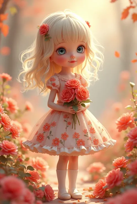 An Award-Winning Masterpiece 1.2) (photorealistic 1.2) a cute blonde girl wearing a floral flared with white stockings, holding a bouquet of roses, a beautiful pink dress fall-themed backdrop designed for photography, showcasing a Floral Revival Ivory/Peac...