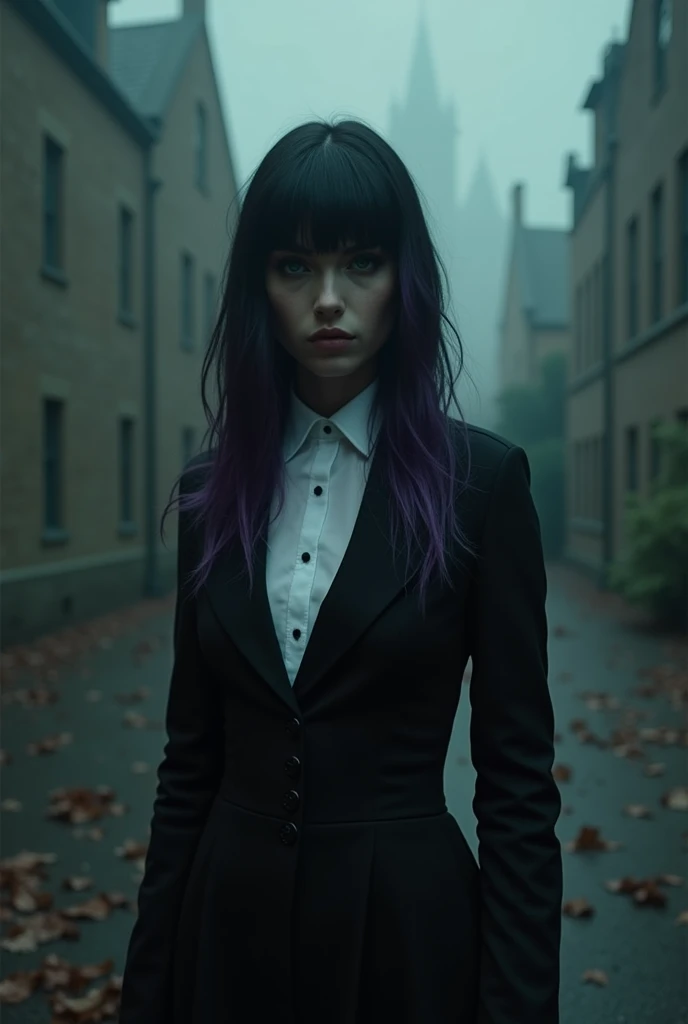 Ravenna Blackwood  a Goth witch with pale white skin and long spilt dyed  purple and black hair with bangs and emerald colored eyes.  Wearing the Evercrest Academy uniform black dress with a white dress shirt underneath     Horror movie scene 

