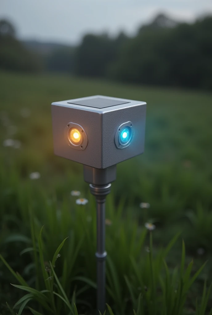 Metal Cuboid front view having top surface of solar pannel of small size having only 1 led at its center of its 4 sides, make leds luminous,shing in different patterns , keep only leds in the center , remove lights from its corners color of leds would be d...