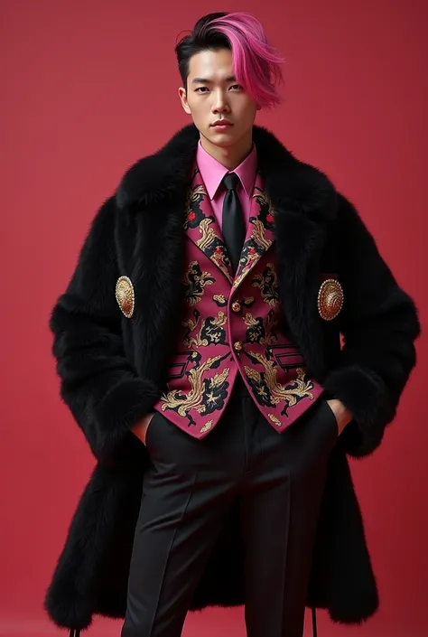 The new Chinese men&#39;s black and pink color scheme should have gold decorations on the clothes. The coat should have gold decorations and the hair should be pink on the inside. The suit should have a vest and tie. The coat should be loose and have fluff...