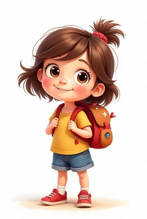 Pixar style girl with brown hair and a backpack on white background 