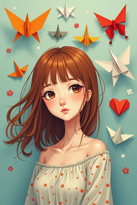 I need a cover for my book. in drawing. A young brown-haired woman centered in the middle with a thoughtful look. Around her, several origami planes are scattered, boat, butterfly, Heart, tsuru. The title above "Doubling Fears" and my name below "Paola Ton...