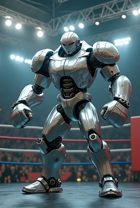 Platinum armor robot man with big metal boxing gloves hands fighting in boxing ring