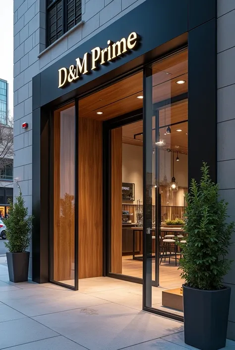 Create a hd photo of a store front entrance with name D&M Prime
