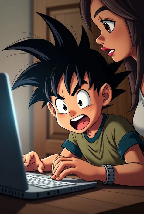 Generates a child loves to be on the computer, his mother is going to hit him with the shancla but her son becomes ssj