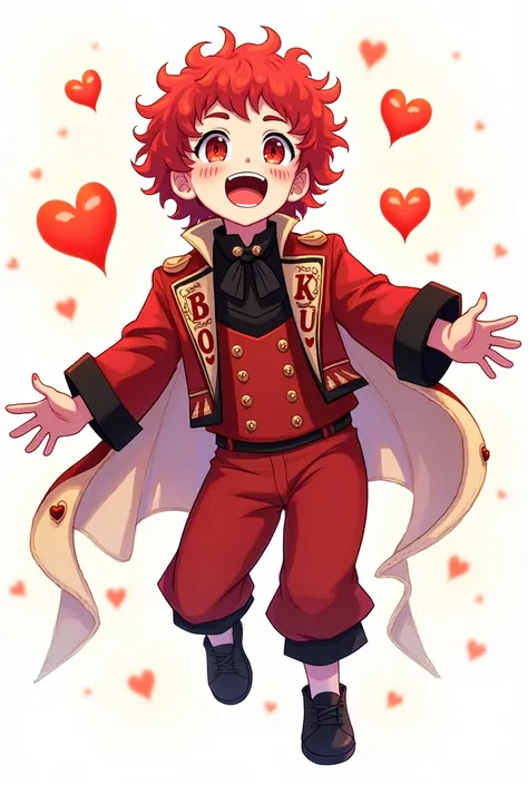 illustration of a seventeen year old prince with curly red hair, red eyes, Black Lipstick,  white painted skin, red hearts under eyes wearing red prince clothes, black with letter details. jumping with great happiness with several hearts magically sparklin...