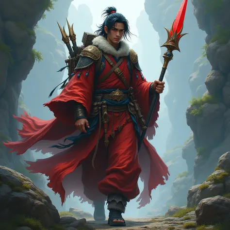 (( A hunter)),((the whole body)),((male gender)),((Japanese)),((in a magical world)),((with a blood red medieval fantasy outfit)),((with a medieval sports backpack)),((3 mini daggers at the waist)),((black hair)),((with a crystal spear in his hand))
