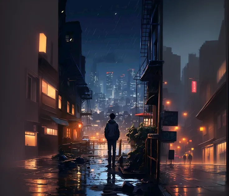 night city scene with man walking alone in the rain, amazing wallpaper, by Alena Aenami, city at night in the rain, city in the background, rainy streets in the background, phone wallpaper hd, rainy city at night, makoto shinkai cyril rolando, 4k anime wal...