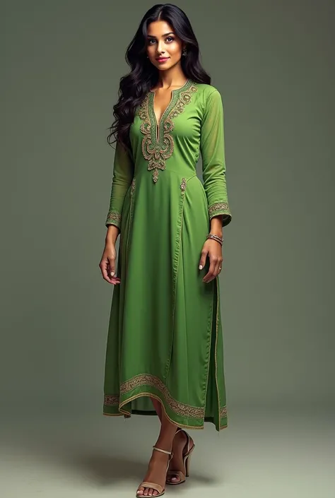 Full image of Indian young lady in heels and green kurti high heels round face