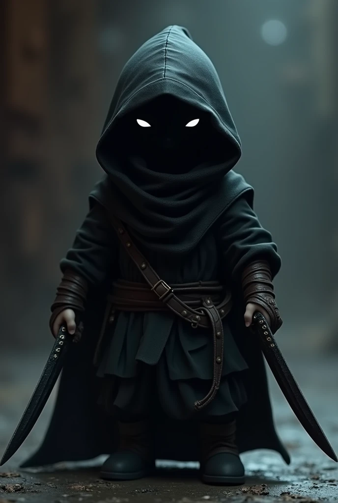 (photorealism:1.2), DnD, halfling, Rogue, 2 daggers with black blades, hooded, black clothes, white eyes,  face covered
