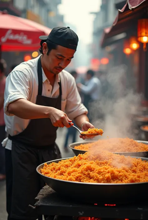 street vendor selling fried rice is busy cooking over a hot coal stove. adding sweet soy sauce with the professional style of a chef