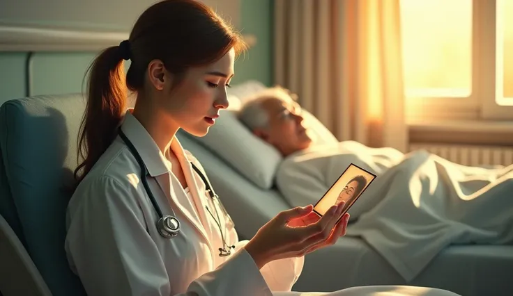 A reflective scene where the doctor holds the old photograph in her hands, gazing thoughtfully at it. The setting is a sunlit hospital room, with the elderly woman in the background, peacefully resting. The doctor’s expression is a mix of nostalgia and hop...