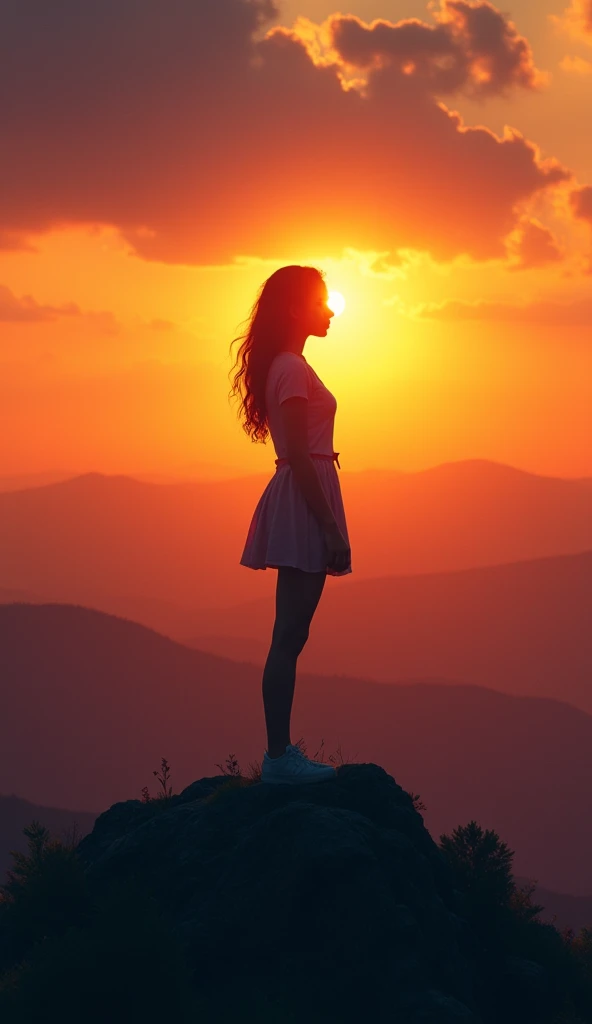 The youg lady stands at the peak, with the sun setting in the background, casting a golden glow over the world.