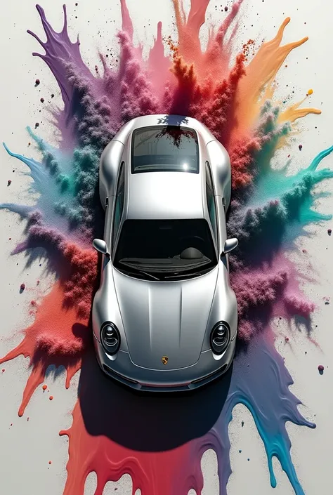 Hyper realistic detailed b/w photo of a Porsche from the top running over a splash of a multicolored detailed viscous liquid