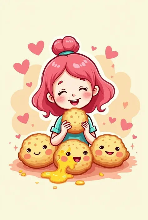 Hi, I need a logo for an arepa business for a  girl., as a title put it "magic spells by Celeste"  have a smiling lively girl with pink balaca yellow hair white skin, eating an arepa, with pastel colored background, and the background has little hearts and...