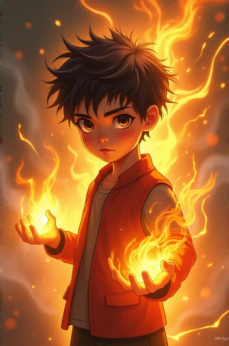 A light brown boy, brown eyes, one lens, brown hair, controls the element of fire