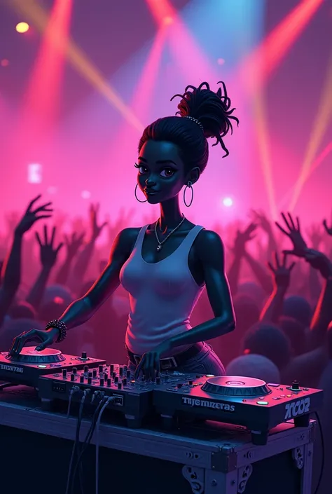 Make an image of a dark skinned character with animation style and also DJ 